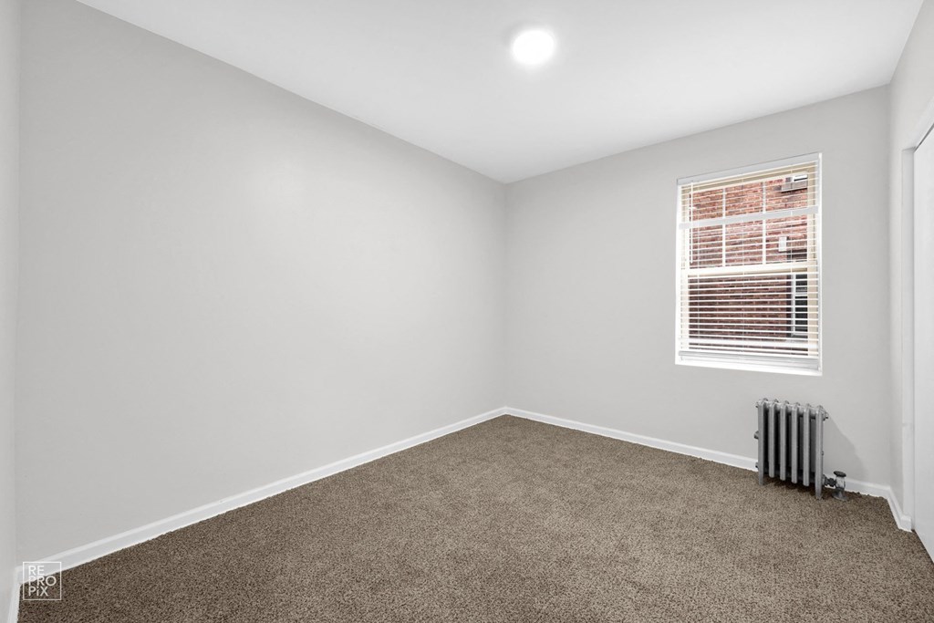 a bedroom with gray walls and carpet