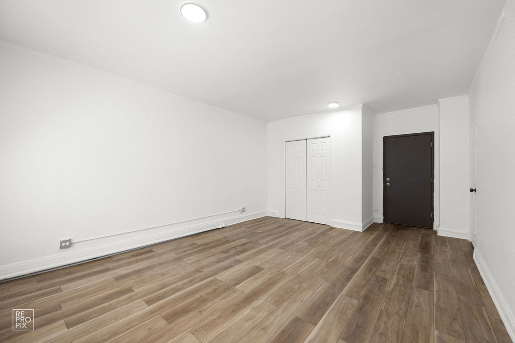 a living room with white walls and wood flooring and a black door