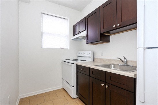 a kitchen with a stove and a sink and a refrigerator