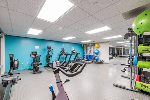 a gym with cardio equipment and weights in a building