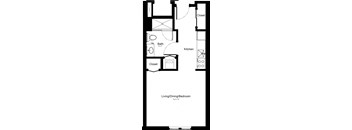 A floor plan of a living/dining/bedroom with a kitchen and two closets.