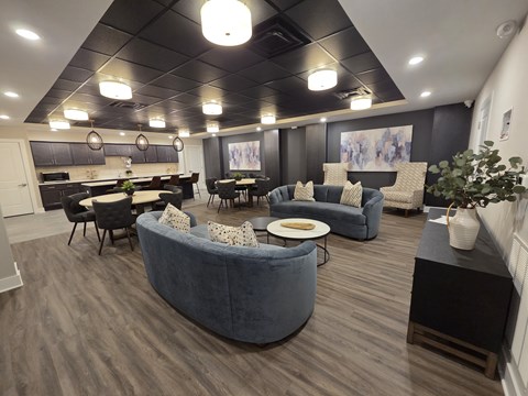 A modern living room with a grey sofa and a black coffee table.