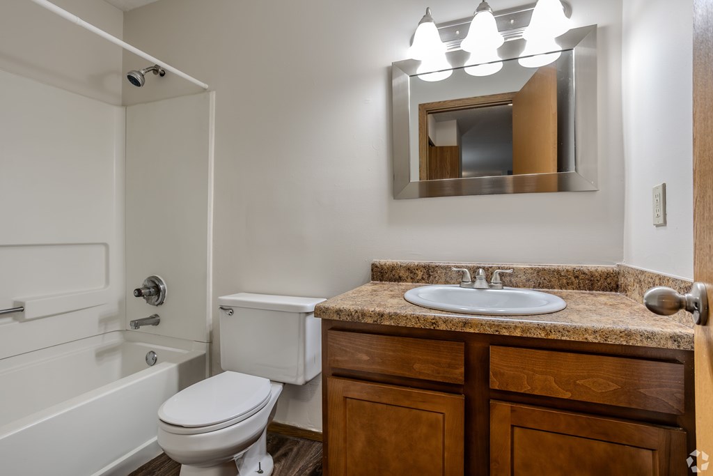 A bathroom with a toilet, sink, and mirror.