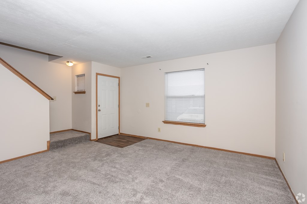 A room with a carpeted floor, a door, and a window with blinds.