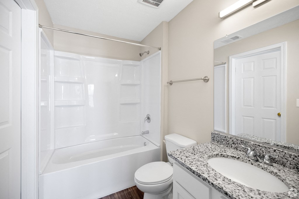 a bathroom with a shower toilet and sink and a mirror