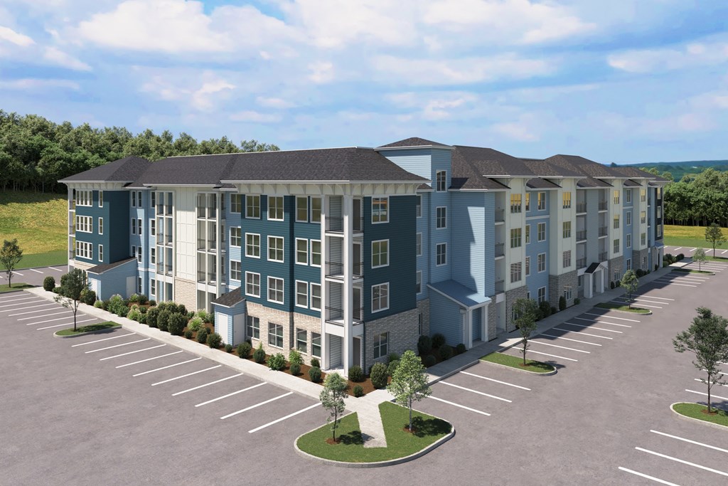 a rendering of a large apartment building in a parking lot at Tiffany Flats, Columbus, OH, 43231