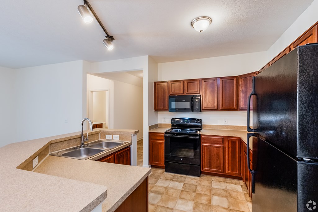 A kitchen with a black refrigerator, sink, and stove.