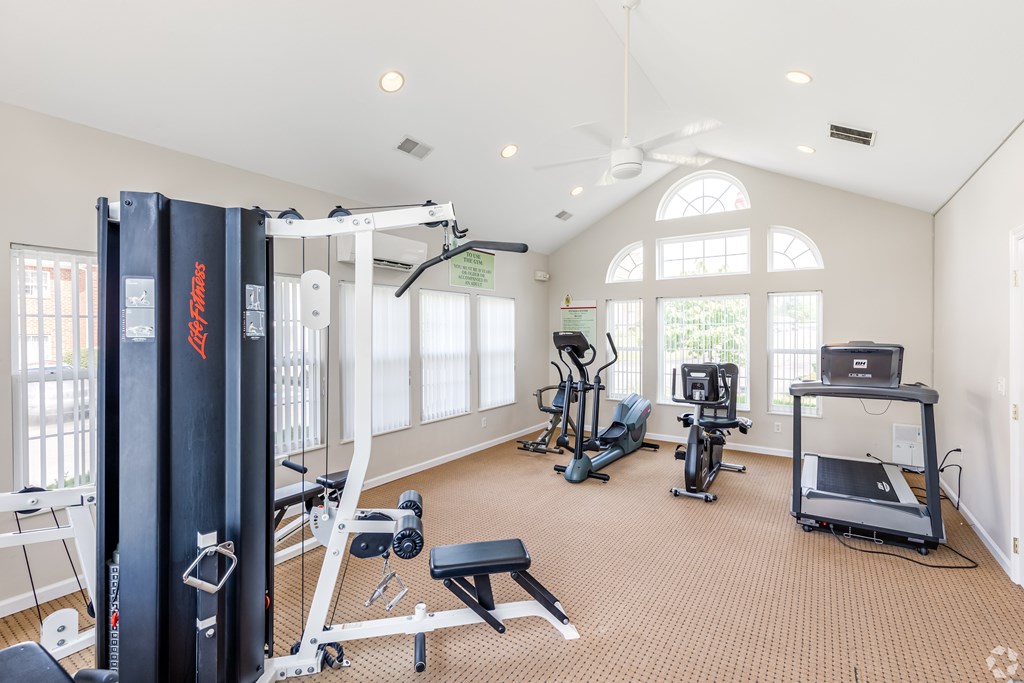 A spacious home gym with a variety of equipment including a treadmill, exercise bike, and weight machine.