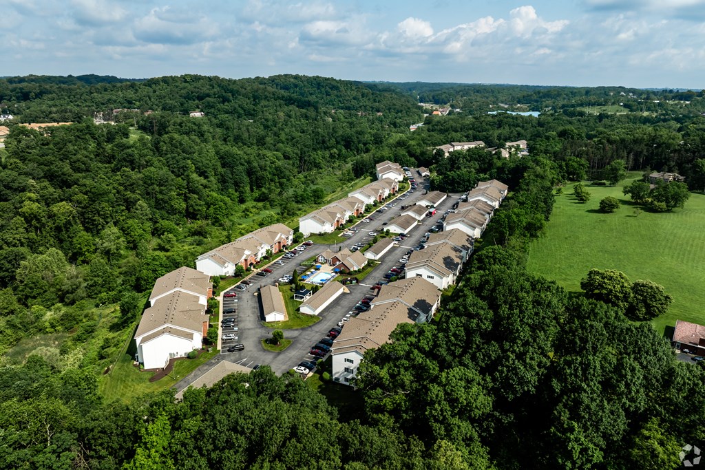 A bird's eye view of a residential area with houses surrounded by greenery.