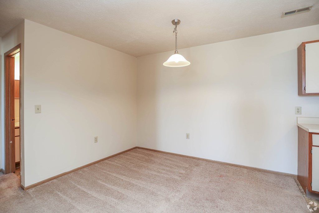 A room with a carpeted floor and a hanging light fixture.