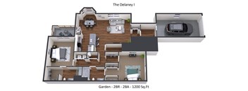 A floor plan of a house named The Delaney I with a garden area of 2BR - 2BA - 1200 Sq.Ft.