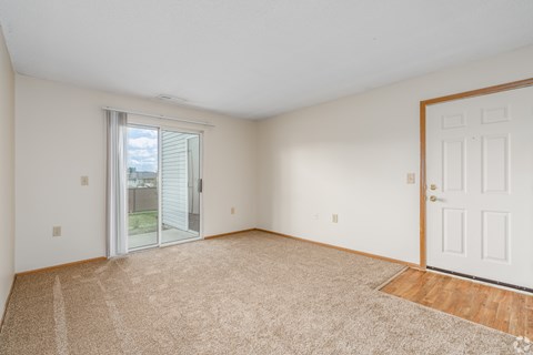 A room with a carpeted floor and a sliding glass door leading outside.