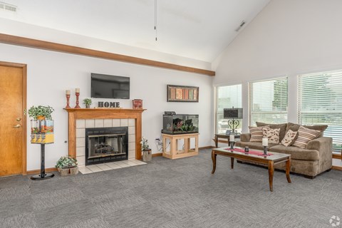 A living room with a fireplace and a couch.