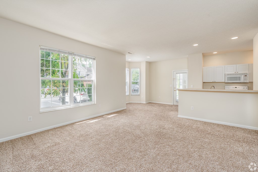A spacious living room with a carpeted floor and a large window.