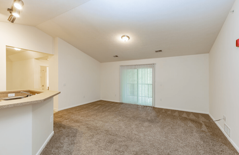 A large, empty room with a carpeted floor and a window with blinds.