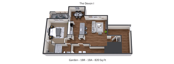 A Devon I floor plan shows a bedroom, living room, kitchen, and bathroom.