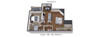 A Devon II floor plan shows a 1 bedroom, 1 bathroom apartment with a garden.