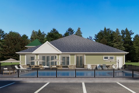 Elegant Exterior View of the clubhouse and pool at Greenwood Commons Apartments, Delaware