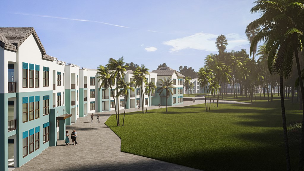a group of apartments in a courtyard with palm trees at Imperial Crossing Luxury Apartment Homes, Bonita Springs, FL