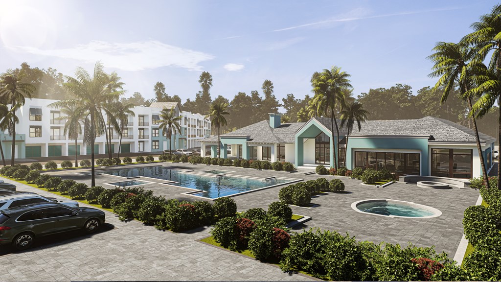 a rendering of an apartment complex with a pool and parking lot at Imperial Crossing Luxury Apartment Homes, Bonita Springs, Florida