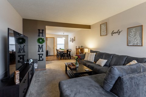 a living room with couches and a tv and a dining room with a table