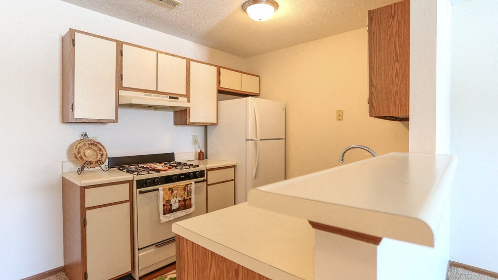 a kitchen with a stove refrigerator and a sink