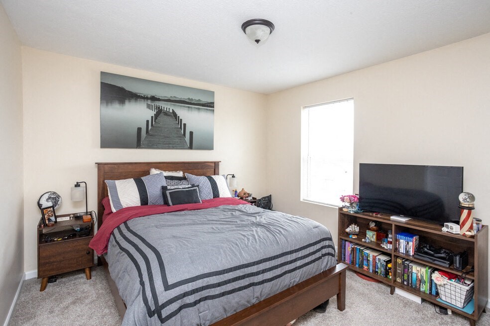 a bedroom with a bed and a tv