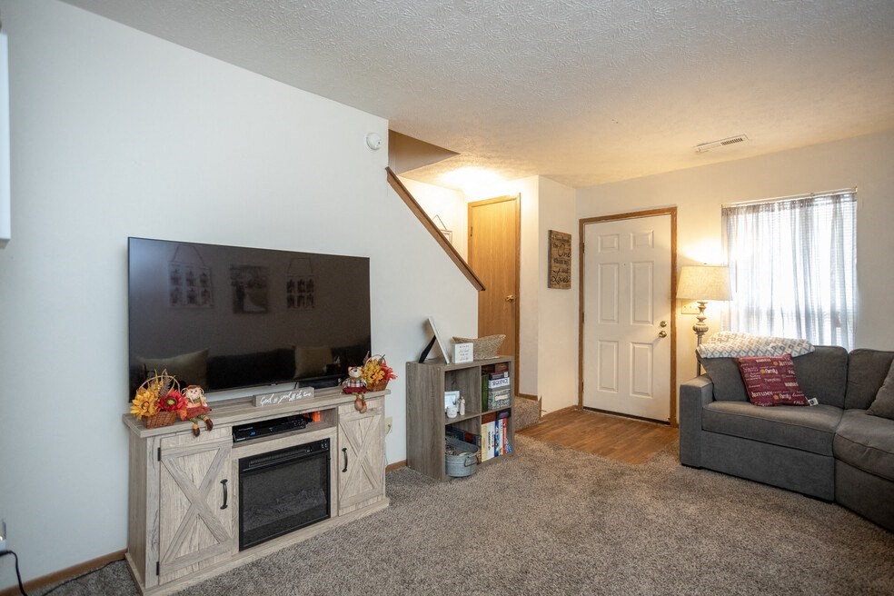 a living room with a fireplace and a tv