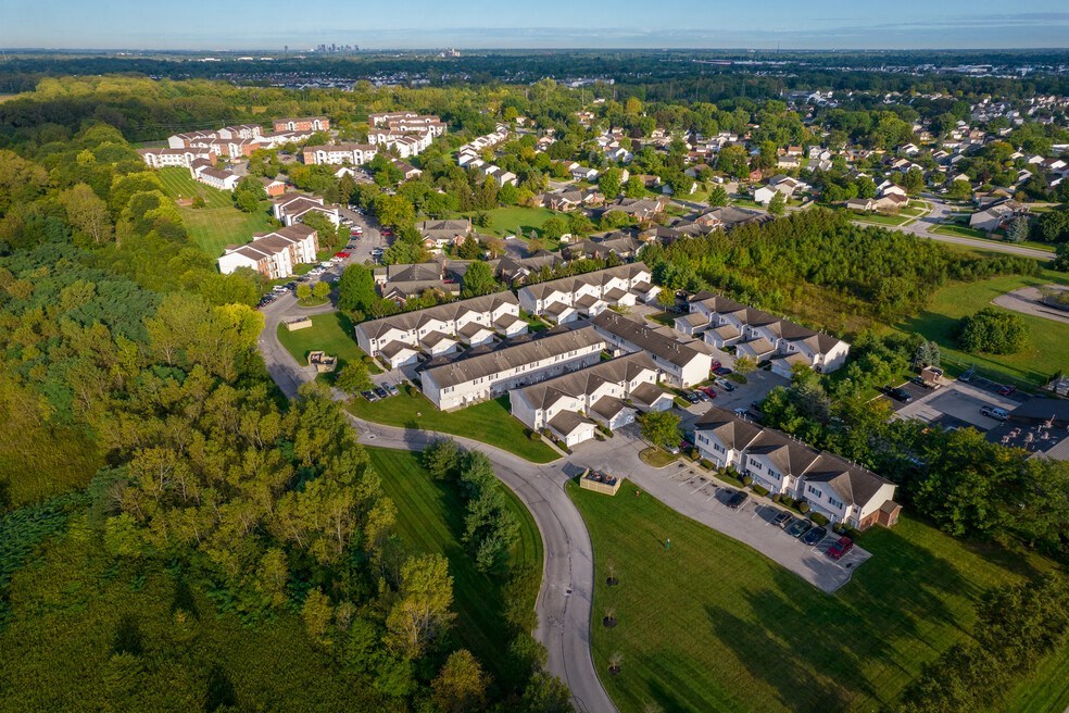 an aerial view of a city with houses and trees