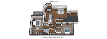 A floor plan of a two bedroom, two bathroom apartment with a garden.