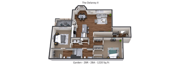A 3D floor plan of a two bedroom, two bathroom apartment with a garden.