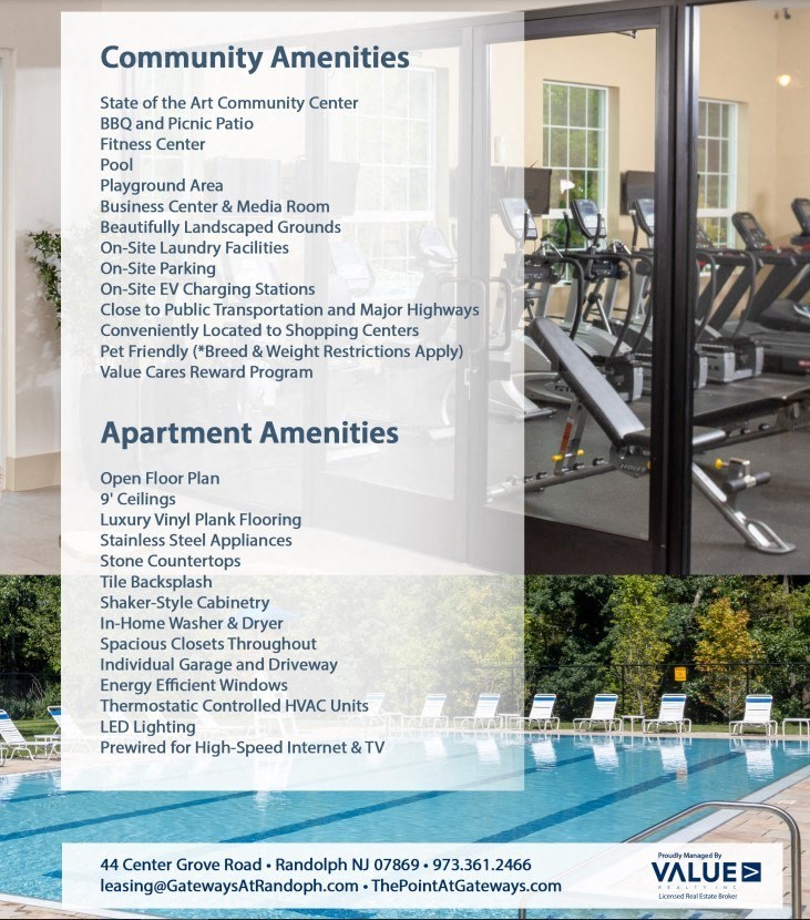 Community Amenities and Apartment Features Community Amenities and Features at The Point at Gateways, Randolph, 07869