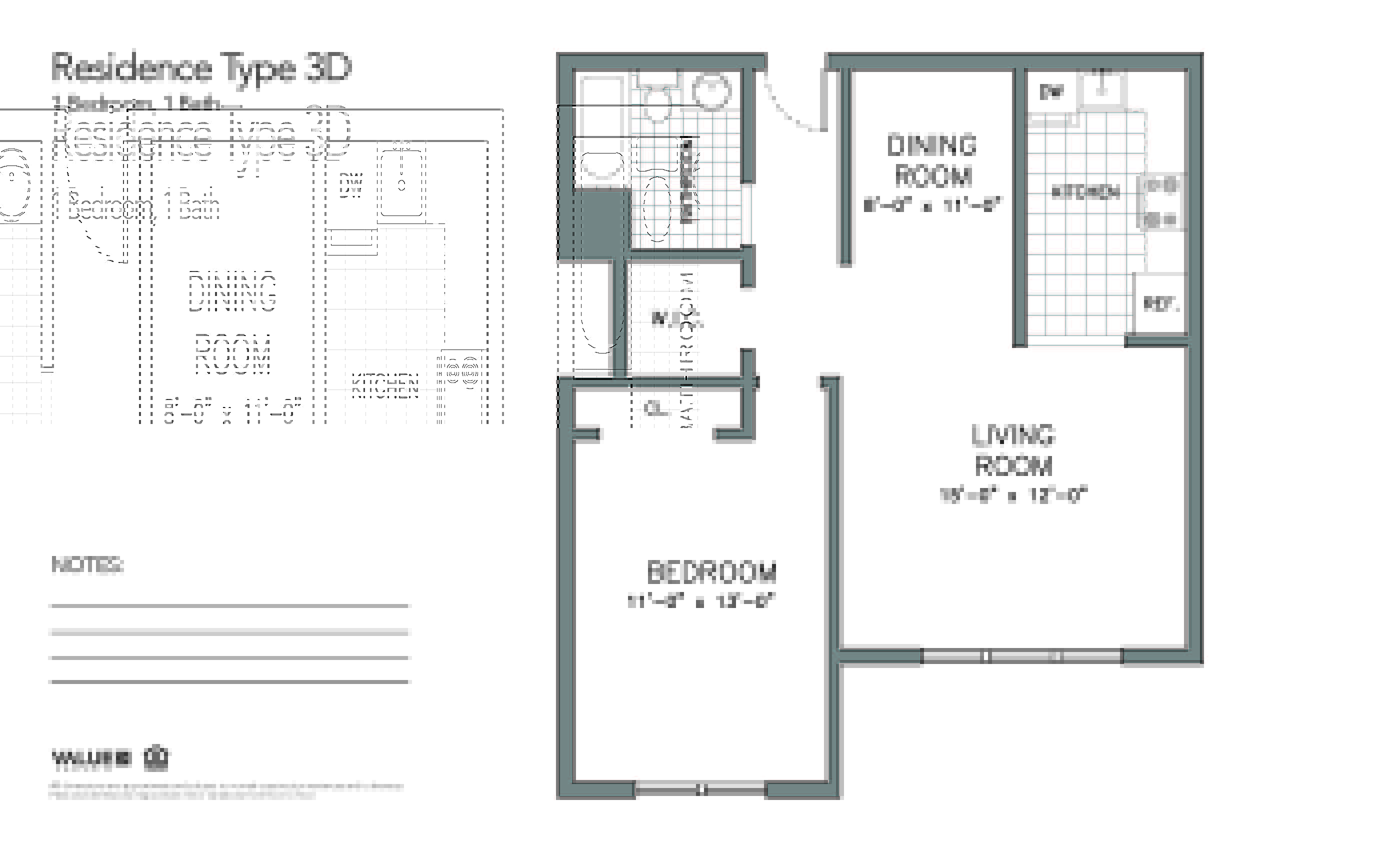 A floor plan of a 3D Residence Type with a living room, dining room, kitchen, and bathroom.