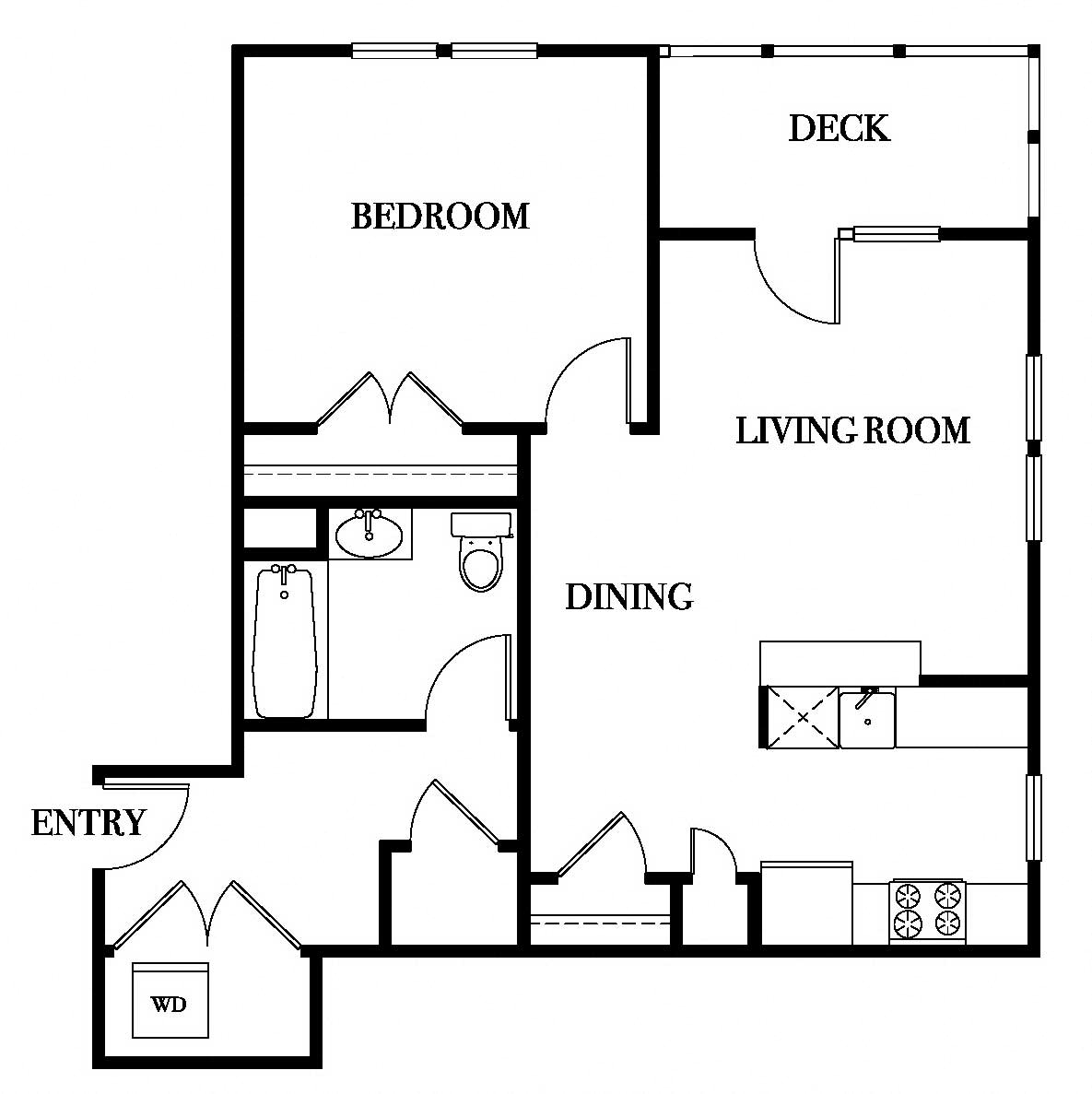 One bedroom, one bathroom, with a deck.