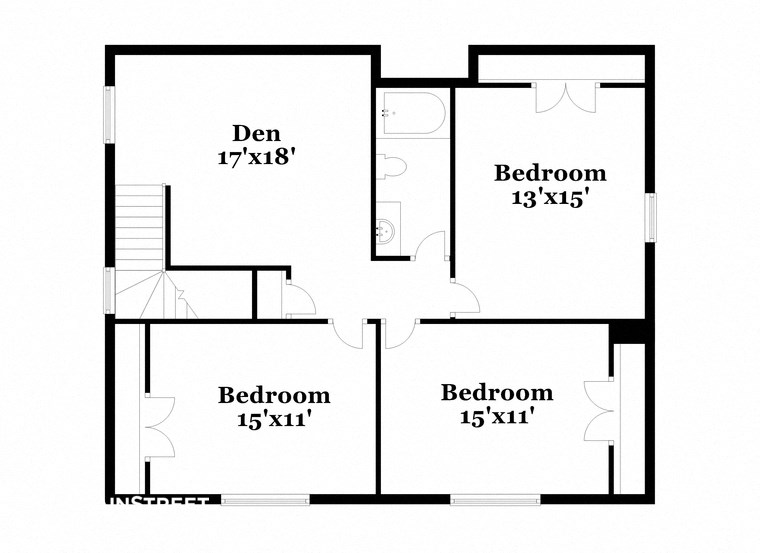 floor plan of the first floor of a house with bedrooms and bathrooms
