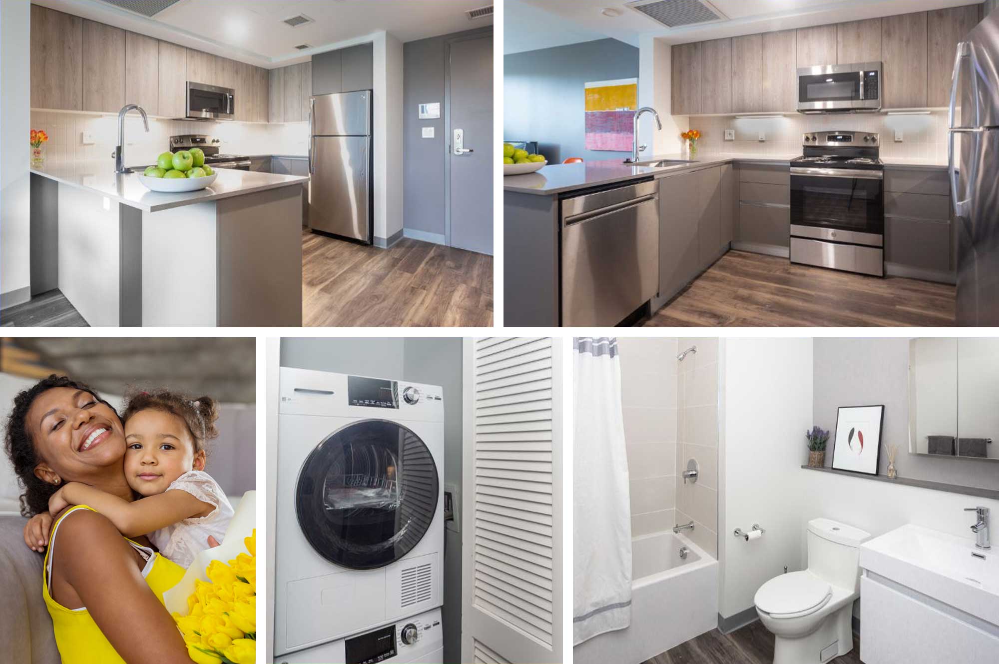 Photo collage shows details of kitchen, laundry, and bathroom.