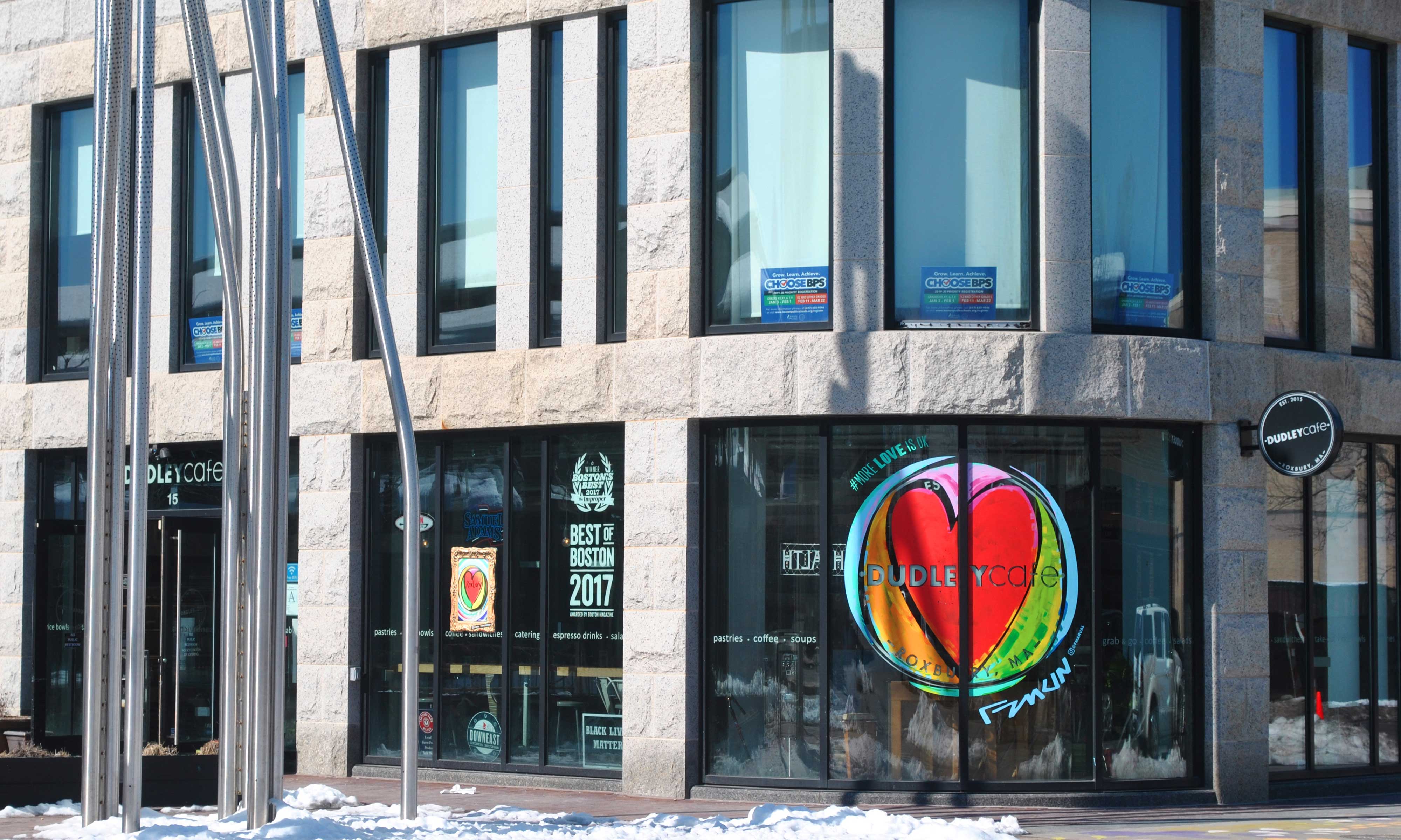 Big welcoming heart painting inside a cafe in Dudley Square.