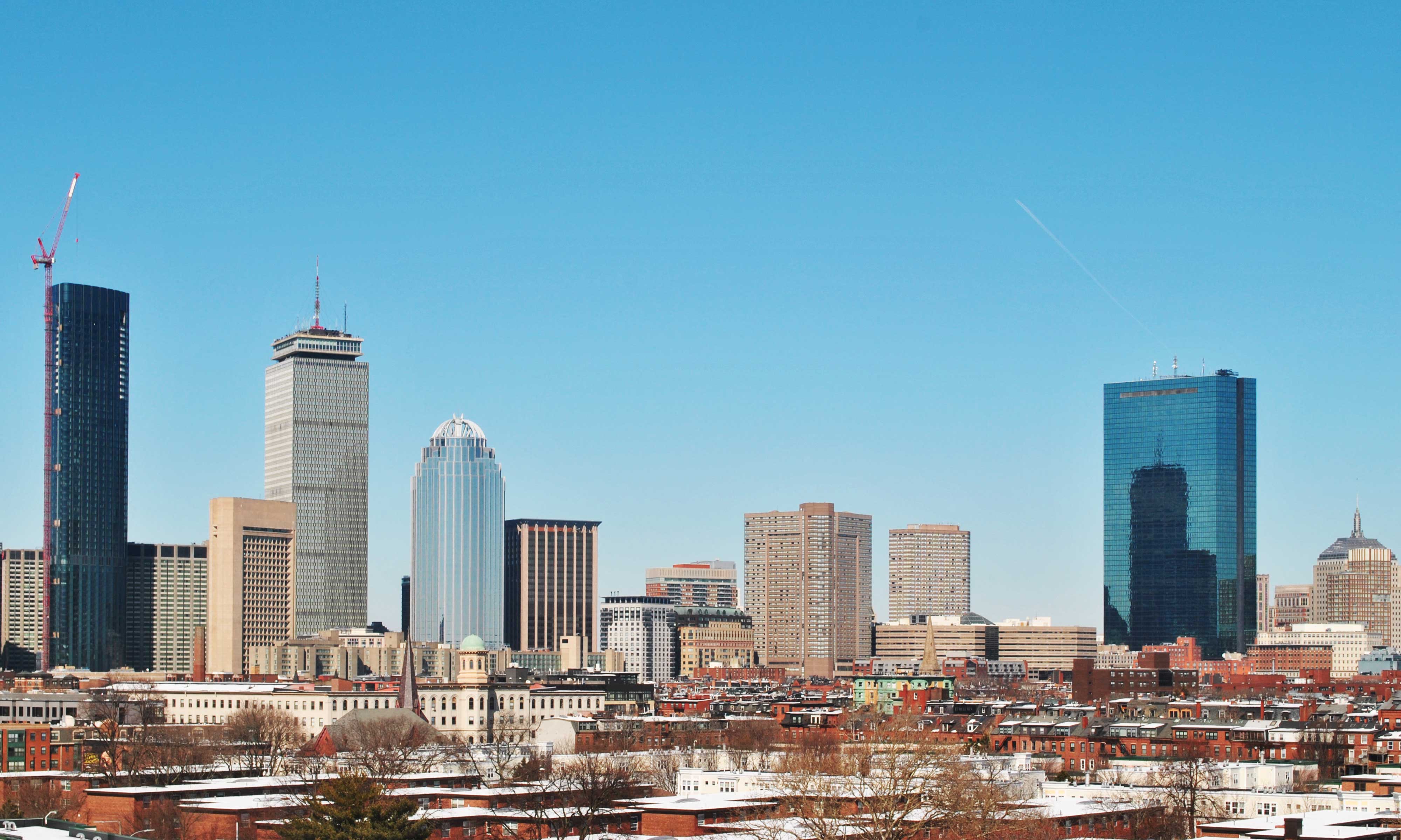 View of Boston skyline including the Prudential Building and the Hancock Tower.