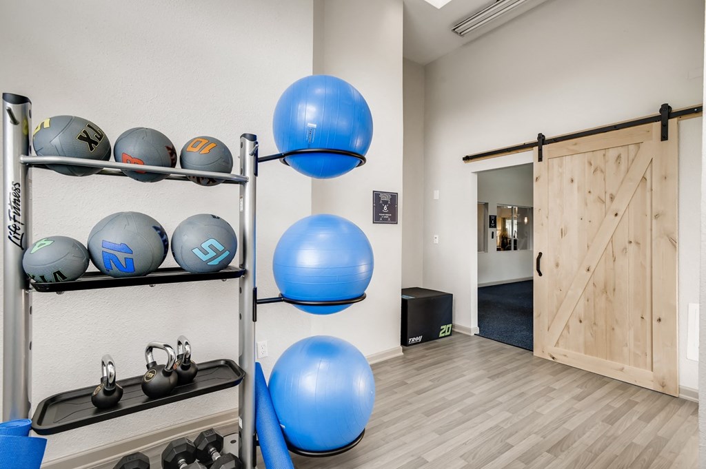 a gym with weights and a door to a room with a gymkhana door