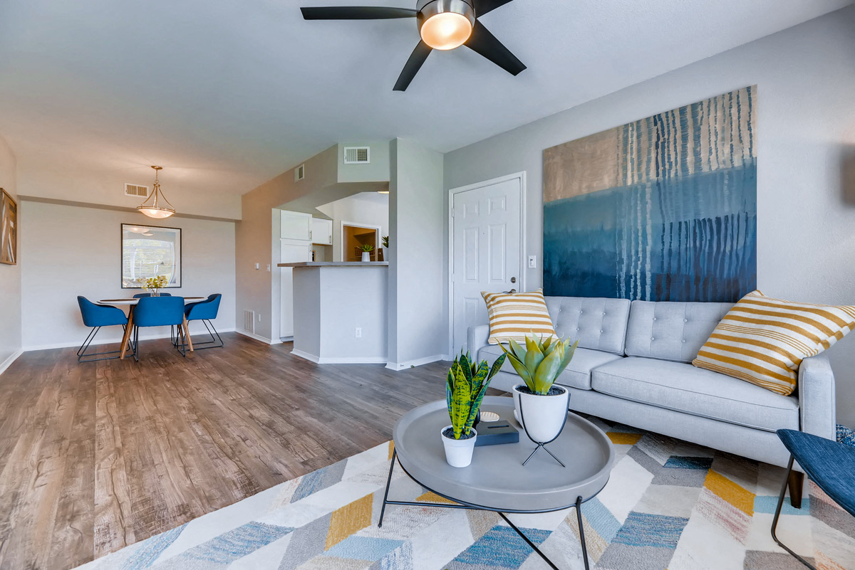a living room with a couch and a table