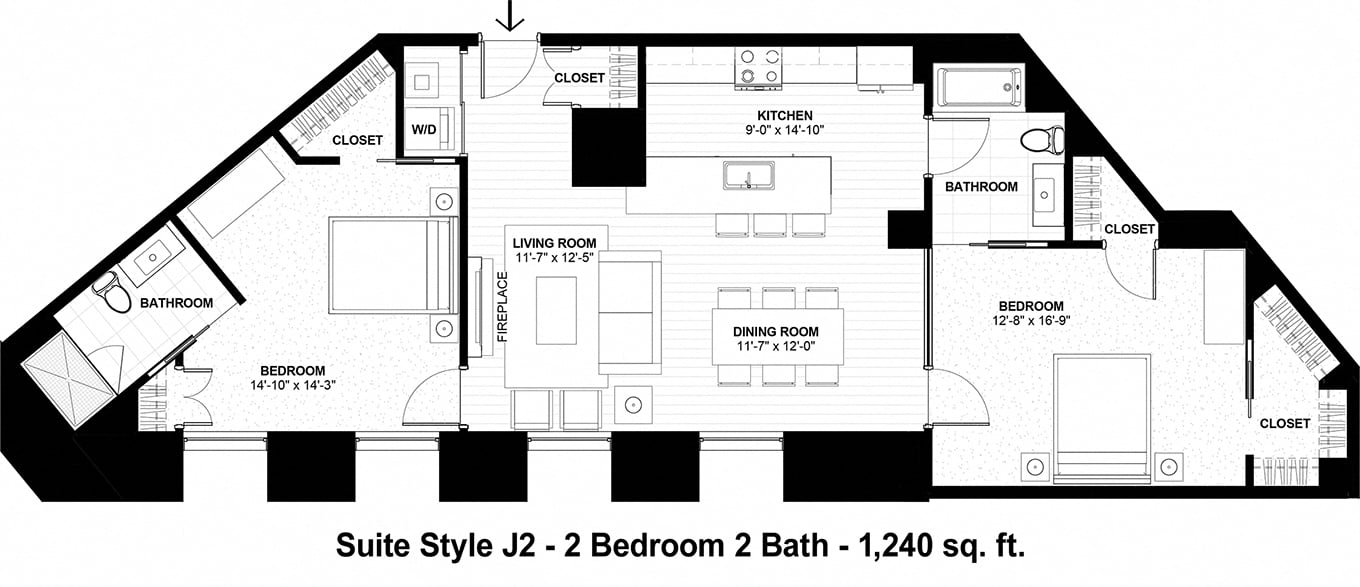 2 bed 2 bathroom 2D floorplan at The Terminal Tower Residences Apartments, Ohio