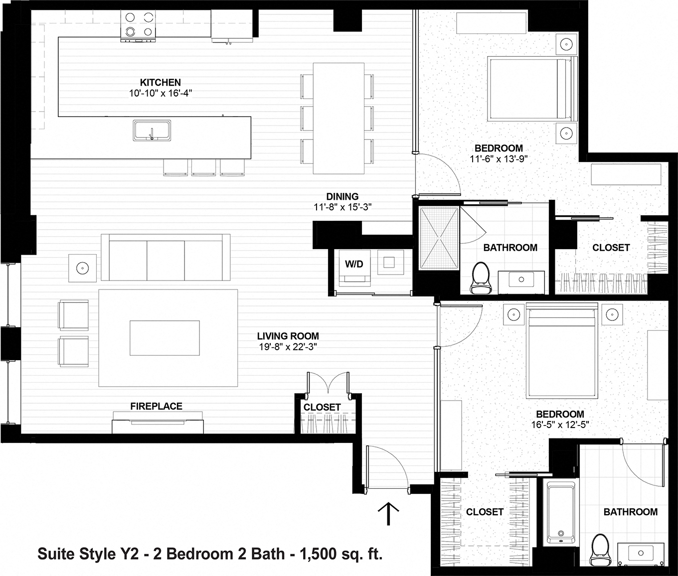 2 bed two bath floorplan with walk-in closet at The Terminal Tower Residences Apartments, Ohio
