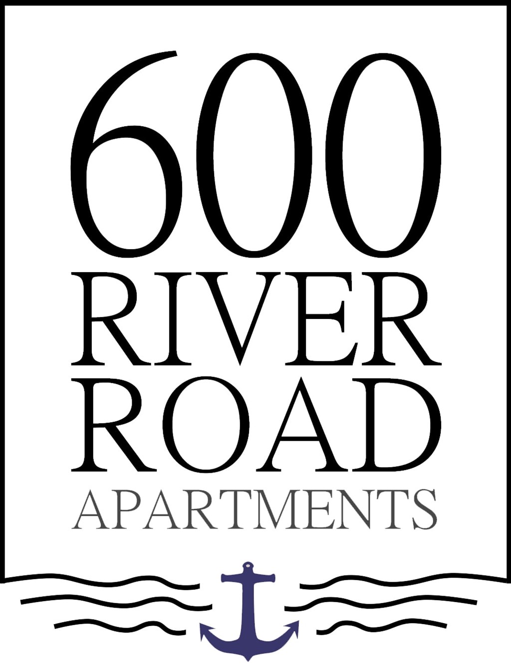 A sign for 600 River Road Apartments with an anchor symbol.