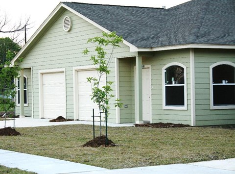 A green house with a white door and windows.