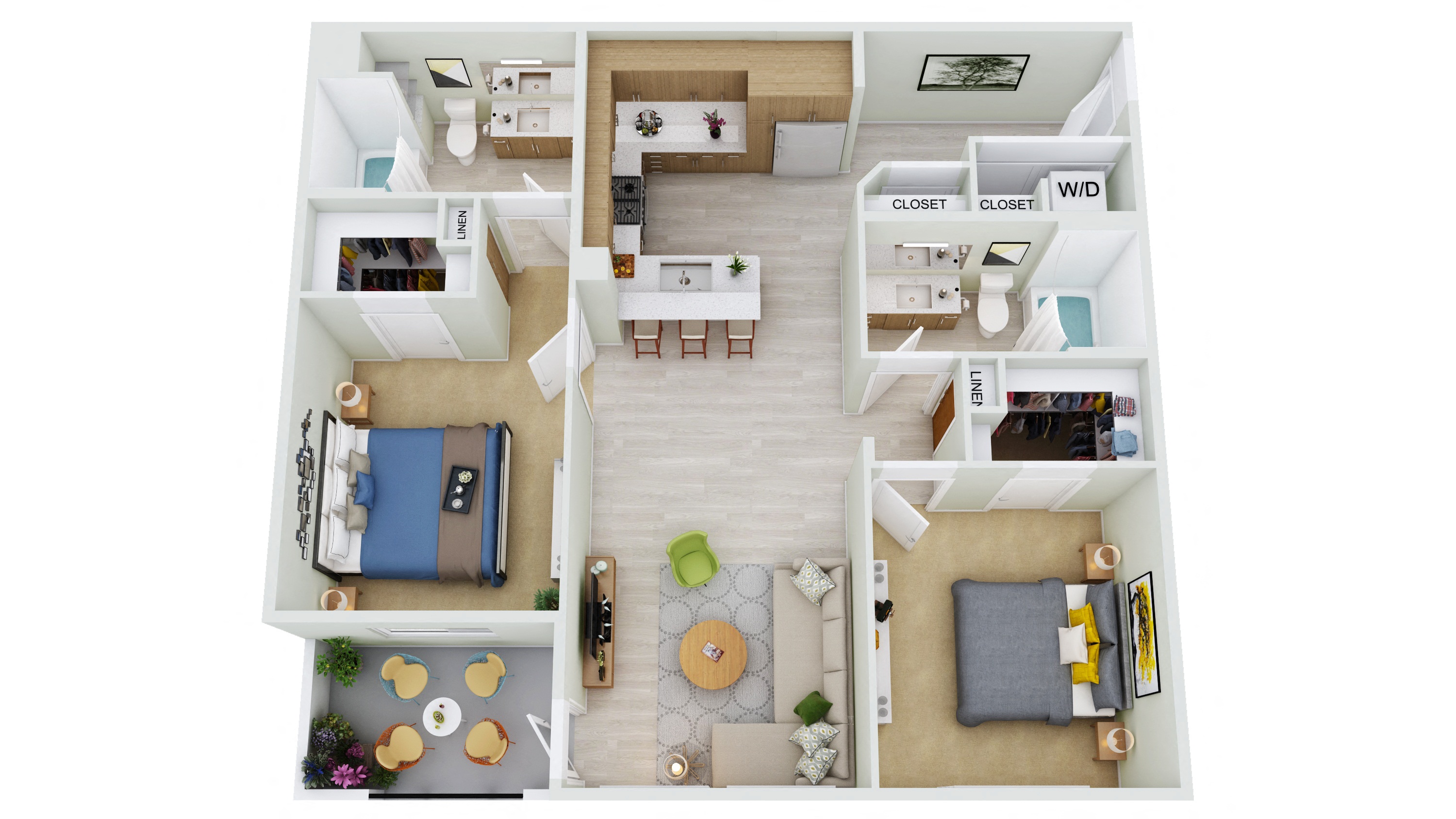 B3.1 - 2 Bedroom 2 Bath Floor Plan Layout - 1080 Square Feet