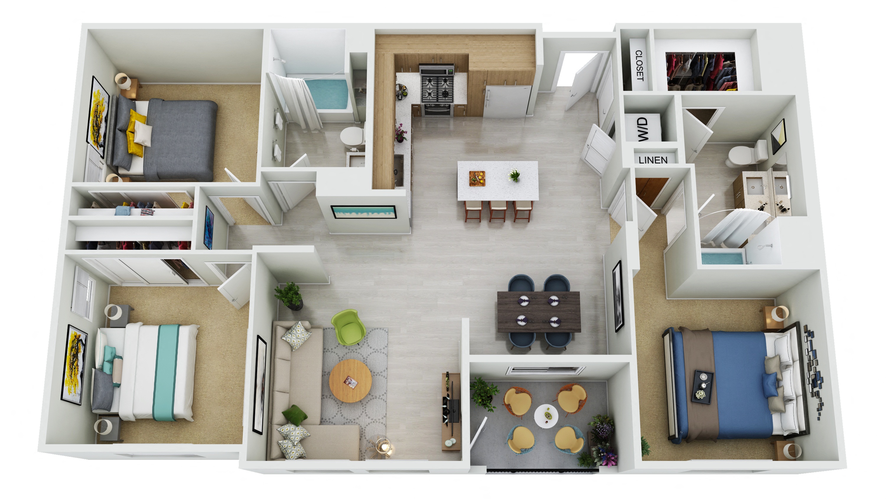C1.1-D - 3 Bedroom 2 Bath Floor Plan Layout - 1490 Square Feet