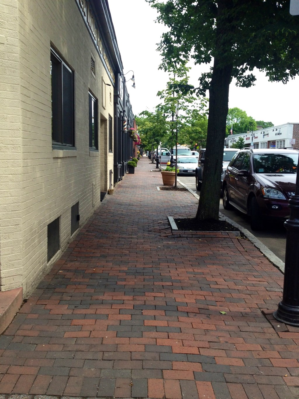 A brick sidewalk runs down the middle of a street.