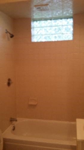 a bathroom with a bath tub and a window