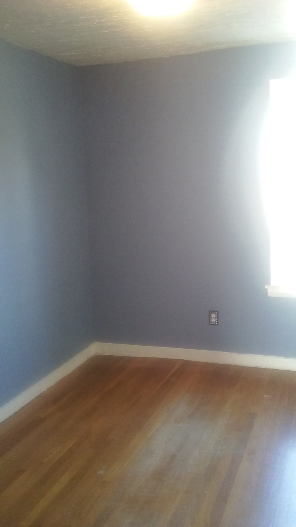 an empty room with blue walls and wooden floors