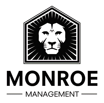 A black and white logo for Monroe Management featuring a lion's face.